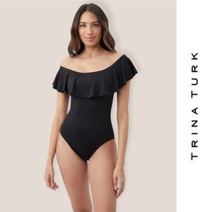 NWOT Trina Turk Black Monaco Off The Shoulder Ruffle Swimsuit, Size 8, MSRP $158